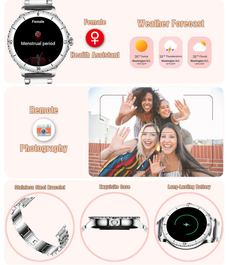 Smart Watch for Women, 1.27" HD Display,Answer/Make Calls, IP68 Waterproof Sports Women's Smartwatch, Fitness Tracker,Heart Rate Monitor, Pedometer – Compatible with Android & iOS (Silver)