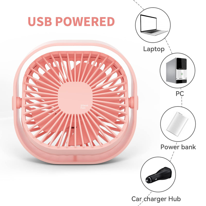 RJVW Small USB Desk Fan, 3 Speeds Portable Table Fan, 4 inch Personal Min Fan,Small Cooling Fan by USB Plug In, 360°Rotatable Silent Desktop Fan for Home Office Bedroom Dorm Indoor Outdoor Summer Gift Pink