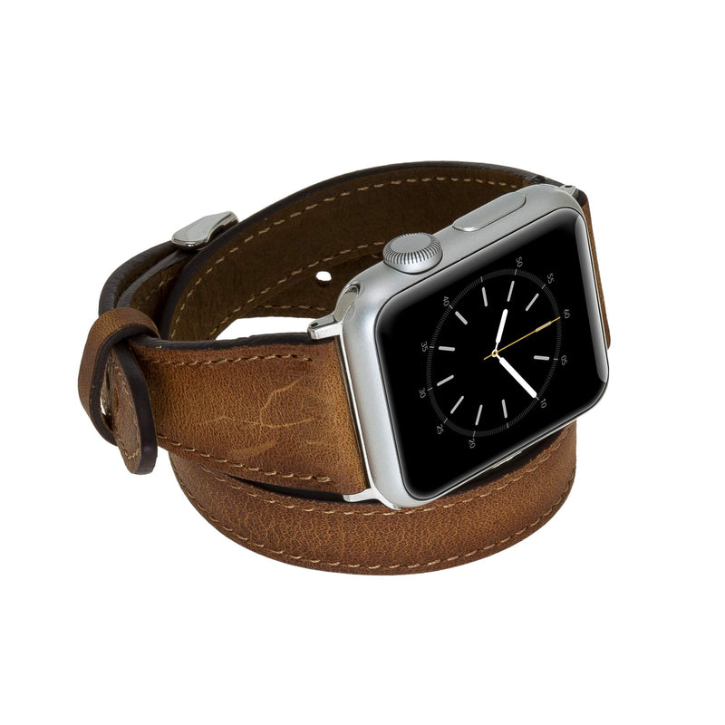 Venito Serena Slim Double Wrap Leather Watch Band Compatible with Apple Watch 38mm 40mm 41mm - iwatch Series 1, 2, 3, 4, 5, 6, 7, SE (Antique Brown w/Silver Stainless Steel Hardware)