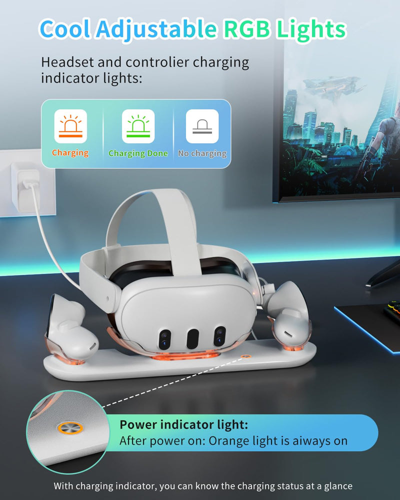 Charging Dock for Meta Quest 3, OLCLSS Charging Station for Oculus Quest 3 Accessories with RGB Light, Magnetic Charging Stand for VR Headset and Controller with 2 Rechargeable Batteries (White) White