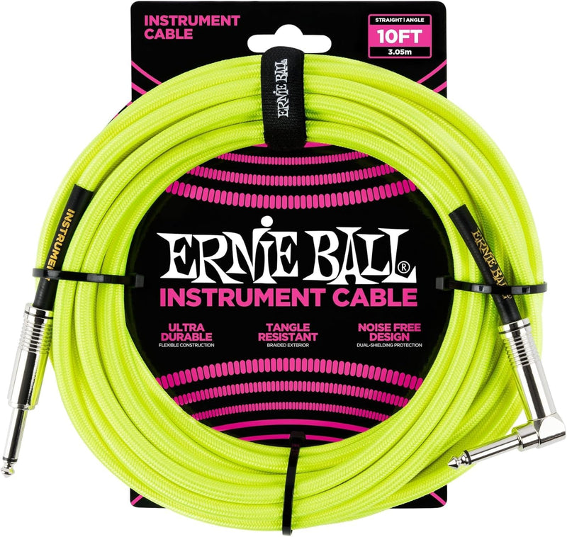 Ernie Ball Braided Instrument Cable Set Straight/Angle Length 10ft in Neon Yellow (P06080) - Pack of 2