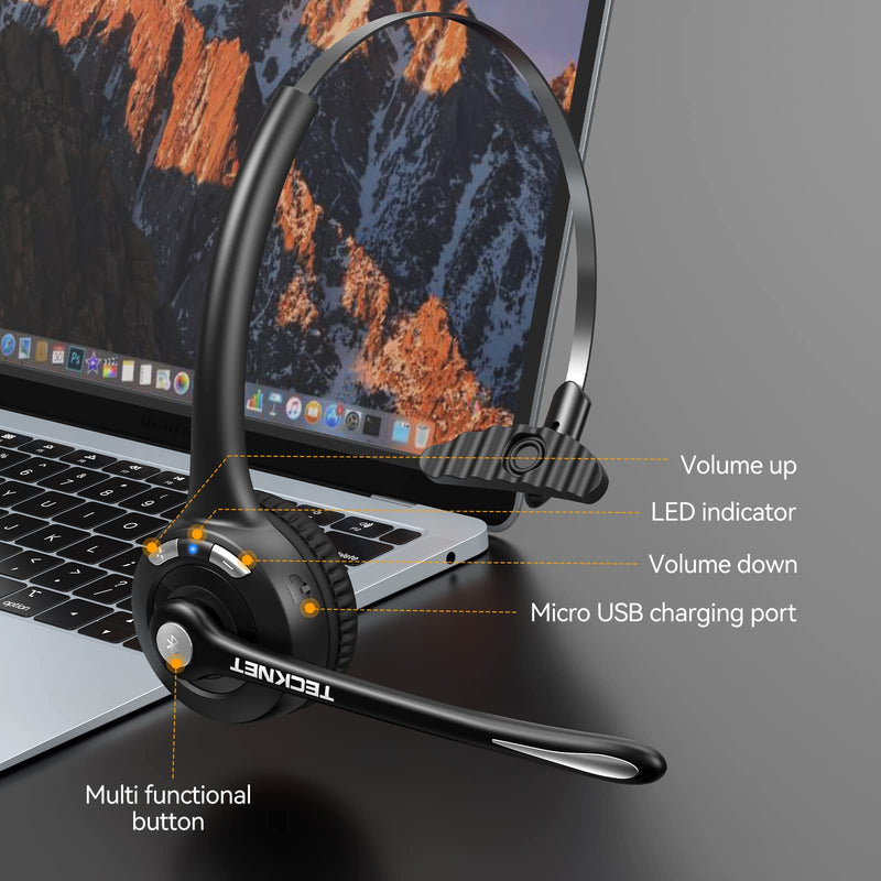 TECKNET Bluetooth Headset, Wireless On Ear Headphones with Noise Cancelling Microphone for Trucker, Hand Free Wireless Headset with Mute Mic for Phone simple configuration