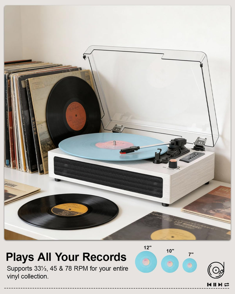 Vinyl Record Player Bluetooth Turntable, 3-Speed Retro Vinyl Player with Built-in Speakers,AUX in, Auto Stop,USB Recording, Belt-Drive LP Player White