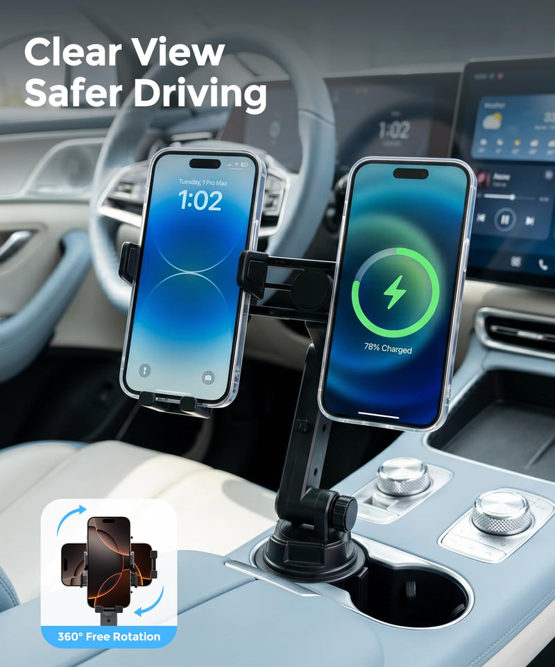 Qi2.2 25W Dual Cup Holder Car Charger with Phone Mount, Holds 2 Phones | Qi2.2 25W Dual Cup Phone Holder Car Charger, MagSafe Compatible, Holds 2 Phones Simultaneously, Fits 4-7.2" Smartphones Clamp & Charger