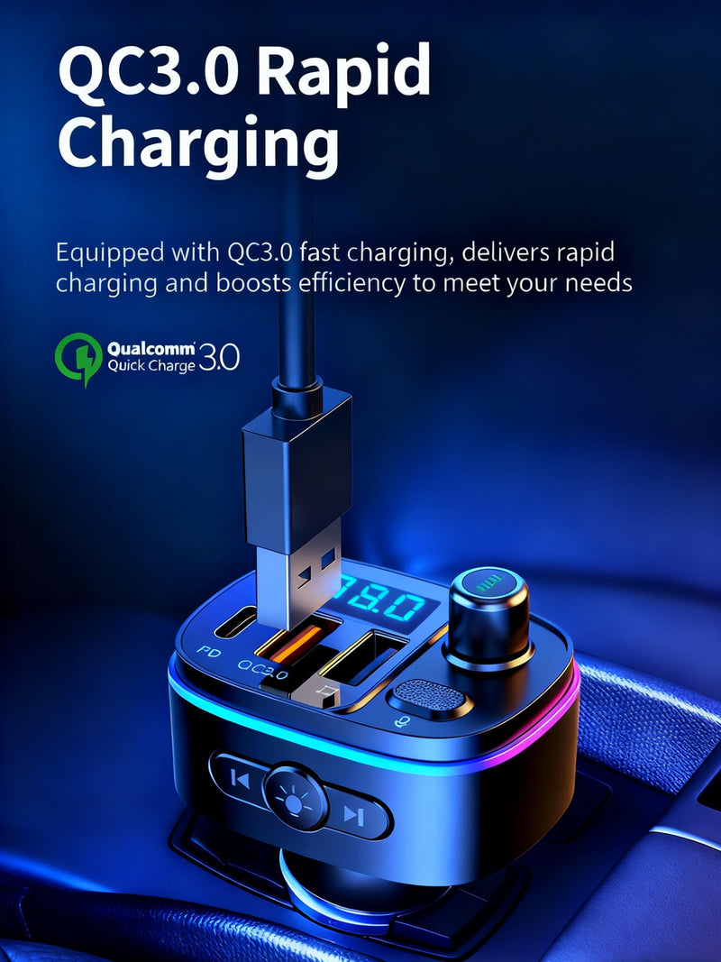 [AUSTRALIA] - TISONNY Bluetooth FM Transmitter for Car, with Dual Fast Charging (QC3.0 & PD 20W), Qualcomm 5.0 Chip, Hands-Free Calling, Support USB/TF Card Playback, Plug and Play for All Cars Black FM Transmitter T65 