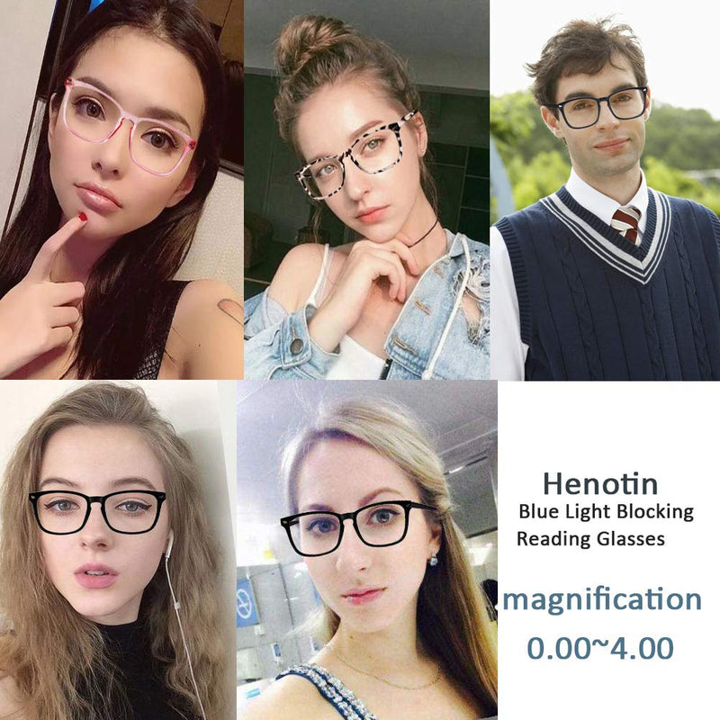 Henotin 4-Pack Blue Light Blocking Reading Glasses Women Men,Spring Hinge Computer Readers,Anti UV Ray Square Nerd Eyeglasses (Mixed Color, 0.00, Diopters) Mixed Color 0.0 Diopters