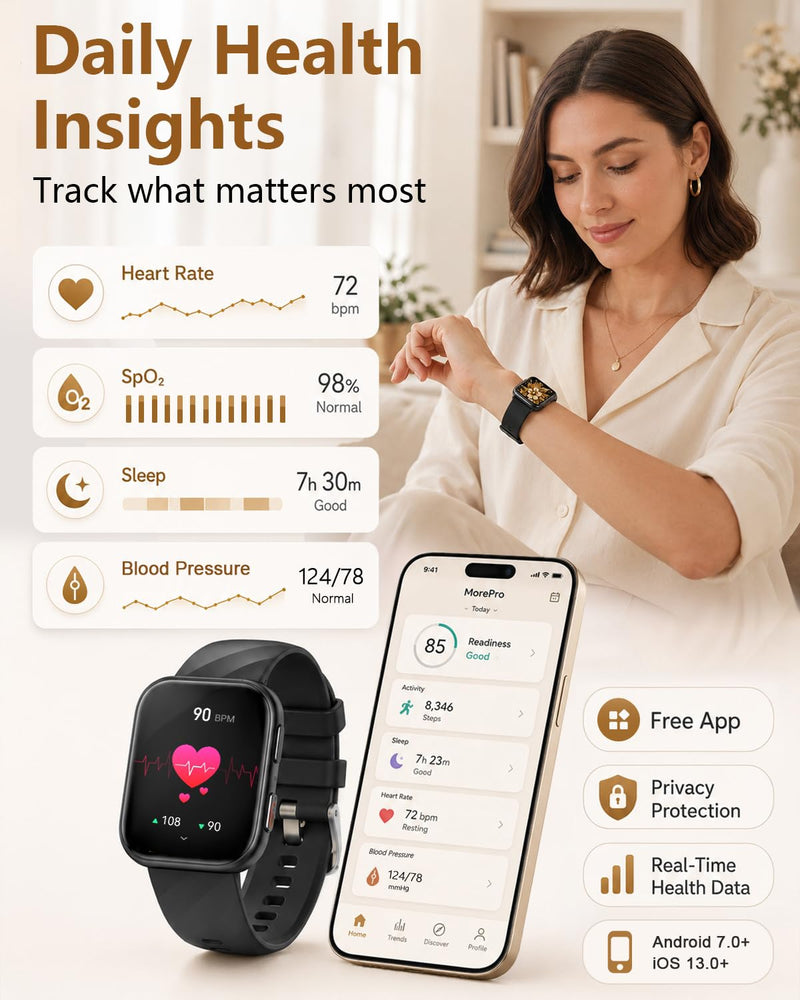 MorePro Health Fitness Tracker (Make/Answer Call), 24/7 Heart Monitor with Blood Pressure, Blood Oxygen, Sleep Tracking, 120+ Sports Modes Smart Watch with 7-Day Battery, Compatible with iOS Android Urban Bronze