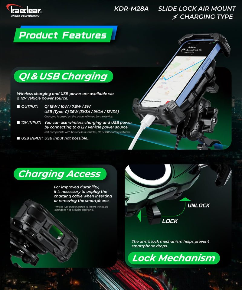 Kaedear Qi Wireless Charging Motorcycle Phone Mount, IP66, KDR-M28A | Qi wireless charging, USB charging, vibration absorption, IP66 waterproof, quick release, locking system, slide-lock design