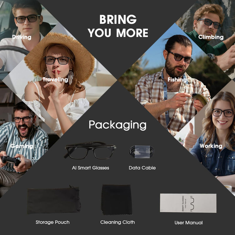 2026 Al Smart Glasses, Bluetooth Translation Glasses with 164 Languages | Color-Change Lens, Music & Call, IP65 Waterproof, Free App, Fashion Audio Glasses for Meeting Driving Travelling,Thin Temples Black-Photochromic lenses