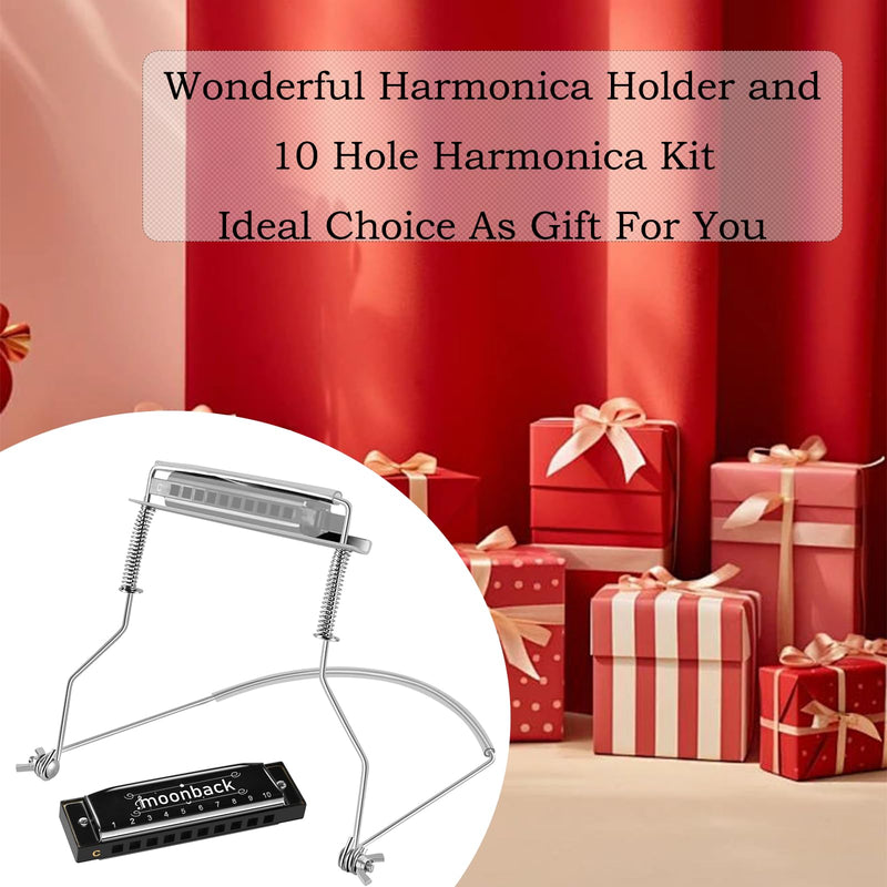 Harmonica Holder Set - 10 Hole Diatonic Blues Harmonica in C Key, Adjustable Holder for Beginners to Professionals Slivers