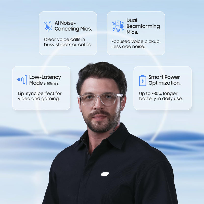 AI Smart Glasses, Translator, Open-Ear Bluetooth Audio, White TR90 Frame | Real-time AI interpreter & translator, open-ear speakers, auto on/off wear sensor, touch control, for men & women