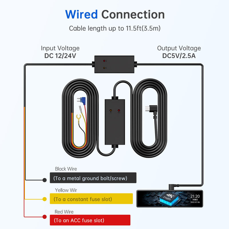 Dash Cam Front and Rear with Hardwire Kit, 2.5K+1080P Dual Dash Camera for Cars, S70, 11.5ft,12V 24V to 5V Car Dashboard Cam Charger Power Cable with Low Voltage Protection,Include 4 Fuse Taps