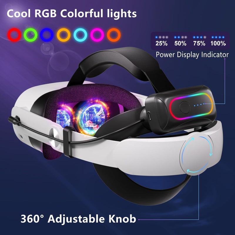 Saqico 10000mAh Magnetic Battery Head Strap Compatible with Meta Oculus Quest 2/3/3S, Cool RGB Battery Pack & Easy to Replace Extend VR Playtime-Premium Comfort & Adjustable, Reduce Facial Stress 10000mAh magnetic heastrap for quest 2/3/3S