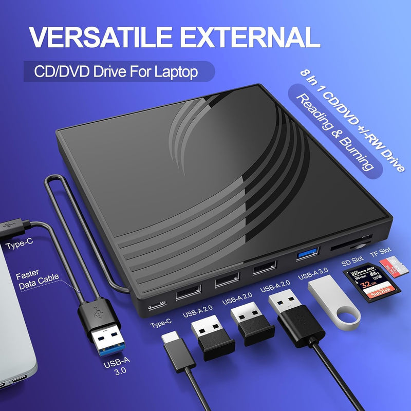 [AUSTRALIA] - BPAKDU External CD/DVD Drive for Laptop with Carrying Case,DVD Player for Laptop,Portable CD Burner with 4 USB Ports, 2 TF/SD Card Slots,CD Disk Drive Player Reader Write Black 