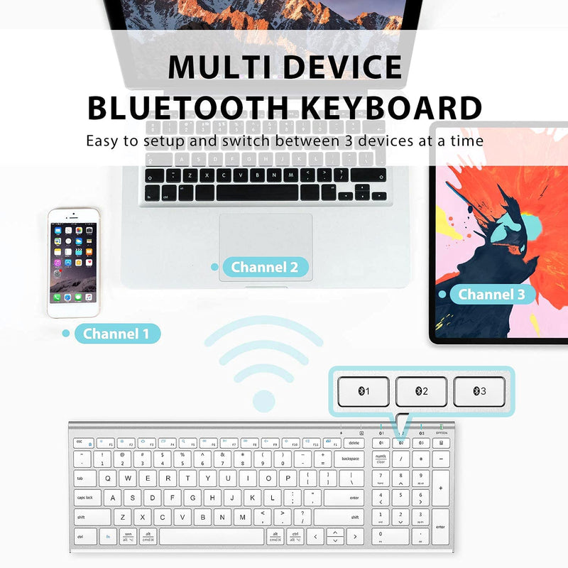 iClever BK10 Bluetooth Keyboard, Multi Device Keyboard Rechargeable Bluetooth 5.1 with Number Pad Ergonomic Design Full Size Stable Connection Keyboard for iPad, iPhone, Mac, iOS, Android, Windows silver