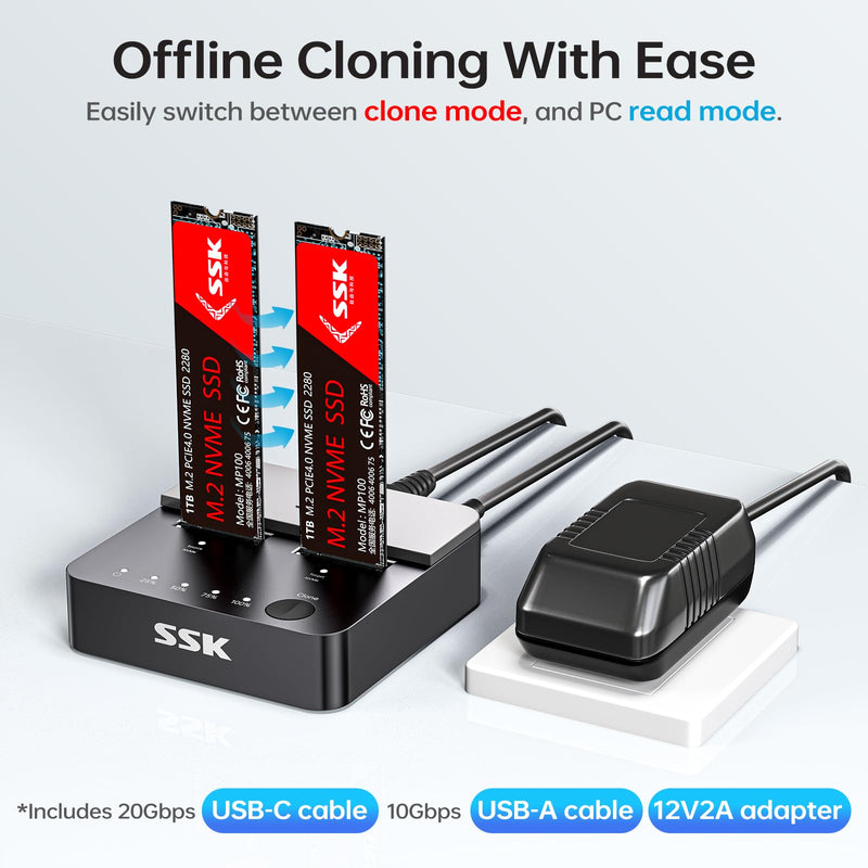 SSK M.2 SSD Cloner NVMe Duplicator Dual Bay Dock NVMe Enclosure Reader | For M Key PCIe NVMe Enclosure, 20Gbps USB3.2 Gen 2X2, Offline Clone Function, UASP Supported, Plug & Play, Tool Free