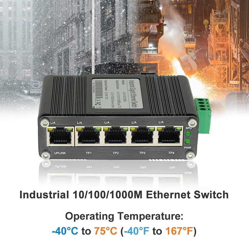 Mini 5-Port Gigabit Industrial Switch, DIN/Wall Mount, -40~167°F, 10Gbps Cent-S-005