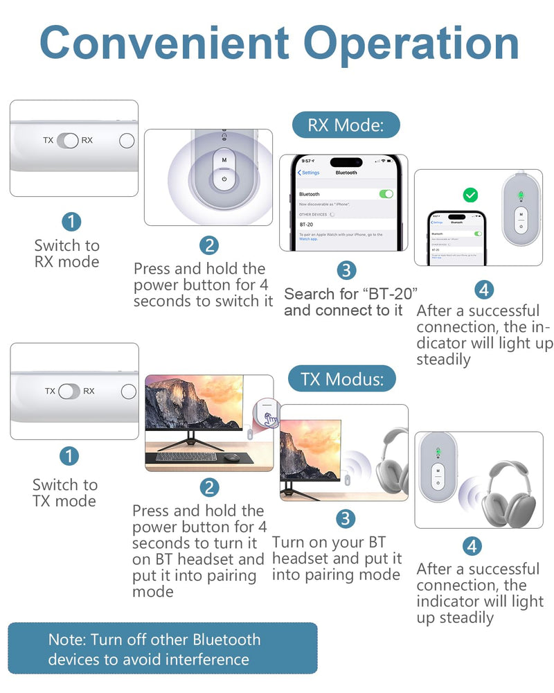 [AUSTRALIA] - Bluetooth 5.3 Transmitter Receiver for Car, 2-in-1 Wireless Audio Adapter with 3.5mm AUX, Low Latency, Supports Dual Pairing for AirPods/Headphones, 18+ Hours Battery for Home Stereo, TV, Airplane 