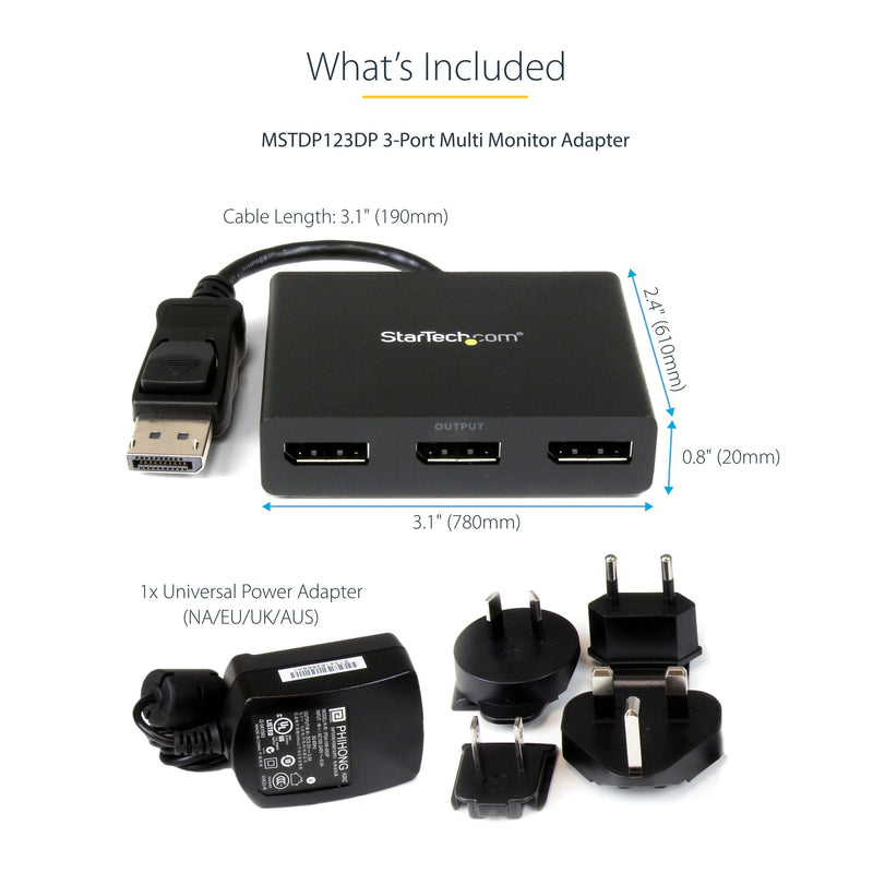 StarTech.com 3-Port DisplayPort 1.2 Splitter, DisplayPort to 3x DP Multi-Monitor Adapter, Dual 4K 30Hz and 1080p 60Hz Computer MST Hub, Windows Only (MSTDP123DP) 3x DP 1.2