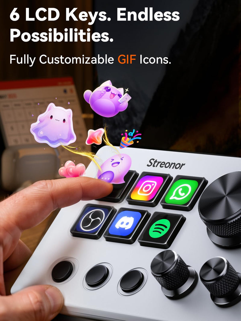 Streonor S6 Mini Stream Controller, Macro Keypad Shortcut Keyboard | 6 Customizable Keys, 3 Scene Keys & 3 Knobs, Compact Macro Deck for Live Streaming, Editing, Productivity, Windows & Mac White