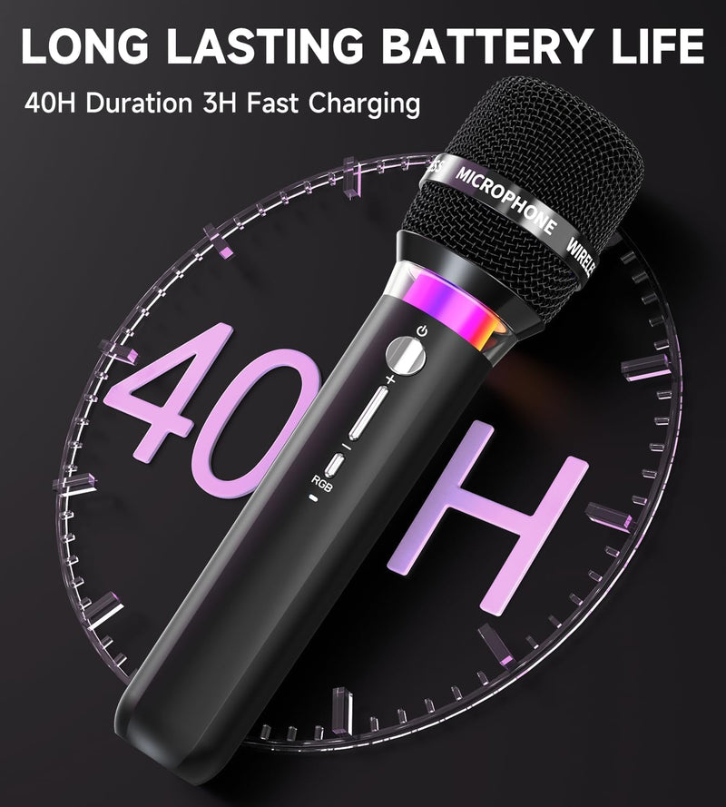 [AUSTRALIA] - Wireless Microphone, Rechargeable Wireless Microphones with One-to-One Chip Connection and LED Lights, 40H Duration, 200FT Range Receiving, Less Latency Karaoke Microphone for Singing, Speech, Party 