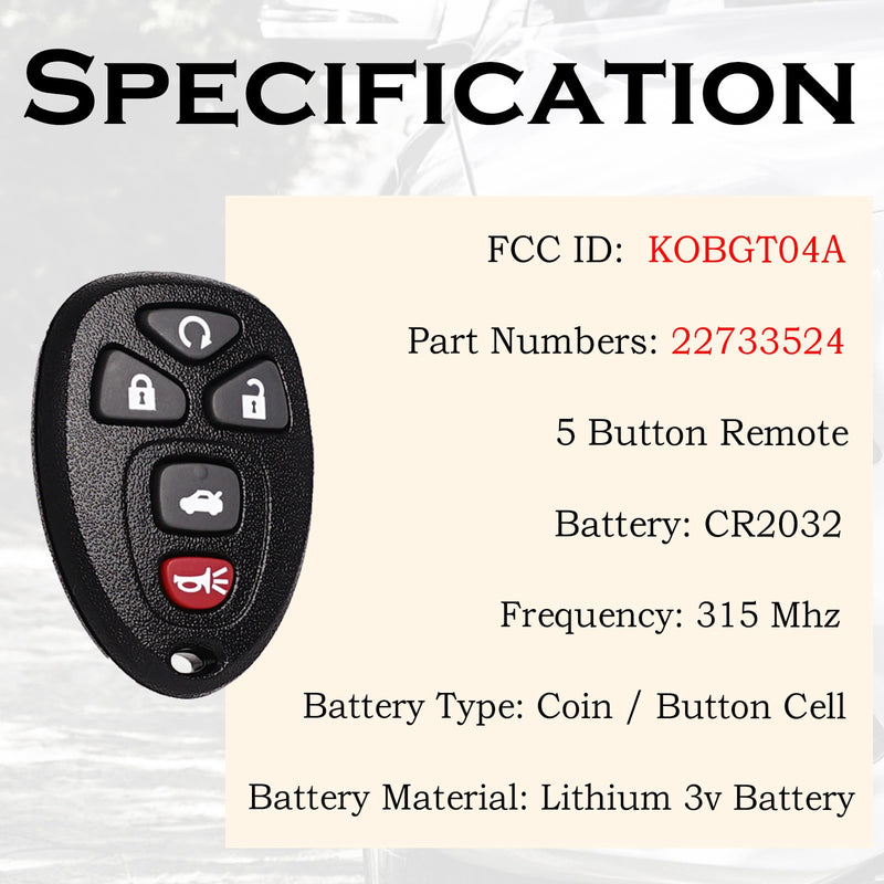 Remote Key Fob Replacement Fits for Chevy Malibu 2004 2005 2006 2007 2008 2009 2010 2012 Cobalt Pontiac G5 G6 Grand Prix Lacrosse Saturn Aura Sky Keyless Entry Remote Control 22733524 KOBGT04A