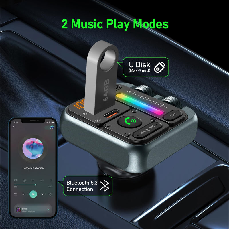 [AUSTRALIA] - Bluetooth Car Adapter - Bluetooth 5.3 FM Transmitter, PD 45W & QC3.0 12W Fast Car Charger, Wireless FM Stereo Radio Music Adapter [Hi-Fi Bass/Treble Roller], Hands-Free Calling/U-Disk Grey 