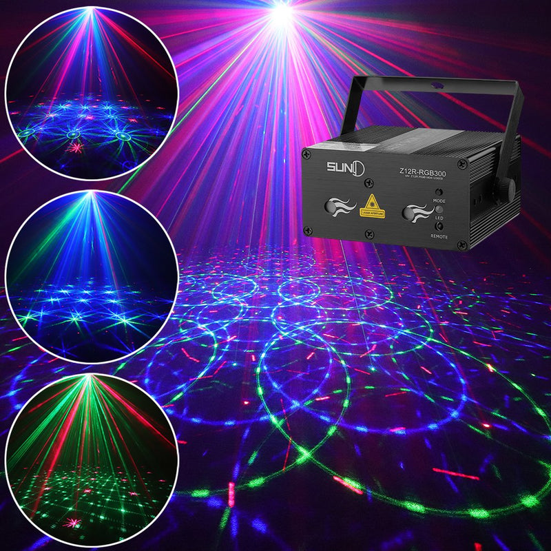 SUNY Party Lights DJ Stage Lighting 12 Gobos Green Blue Music Light Red Stars Mixed Effect Stage Lighting Party Music Show Projector Remote Control Sound Activated Dance Home Decor Xmas Holiday Show