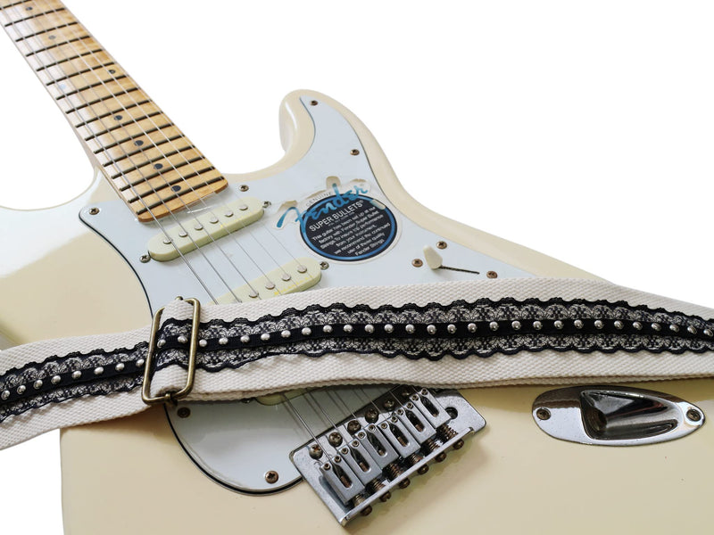 MUSIC FIRST Original Design, 2 inch width (5cm), Black Cool & Vintage Style Black Lace with Metal Rivets Soft Lace & Genuine Leather Delux Electric Guitar Strap Bass Strap