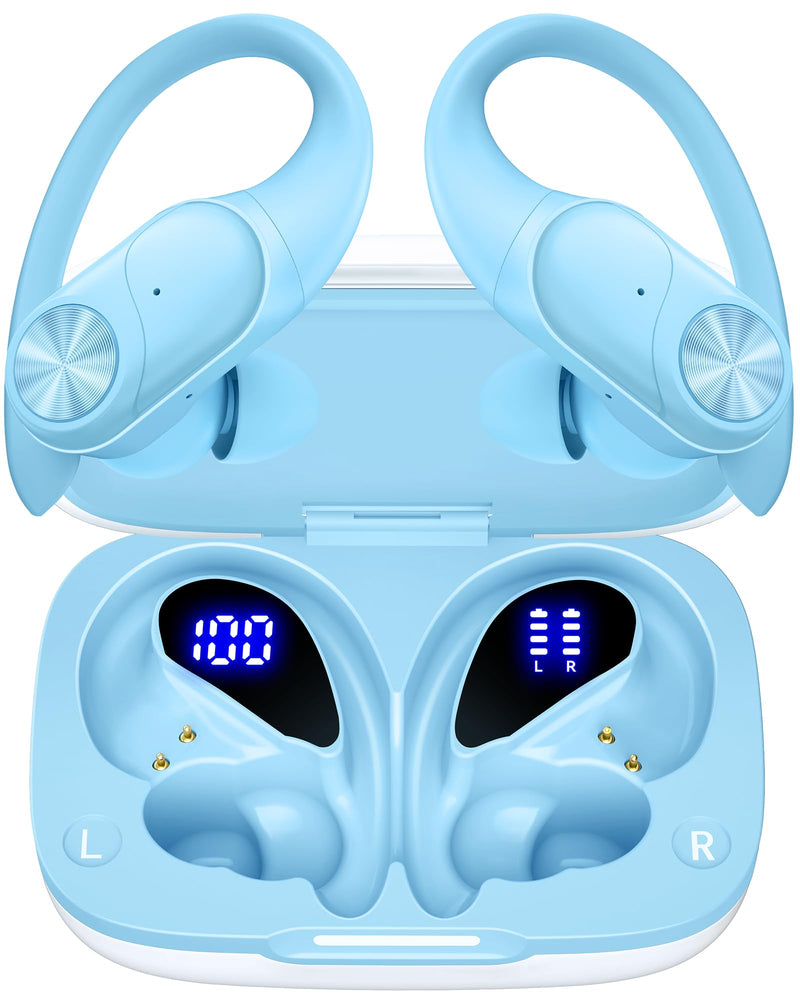 2 Sets Bluetooth Headphones Wireless Earbuds 80hrs Playtime Wireless Charging Case Sports Ear buds with Earhook Premium Deep Bass IPX7 Waterproof Over-Ear Earphones for TV Phone Laptop Pink and Blue