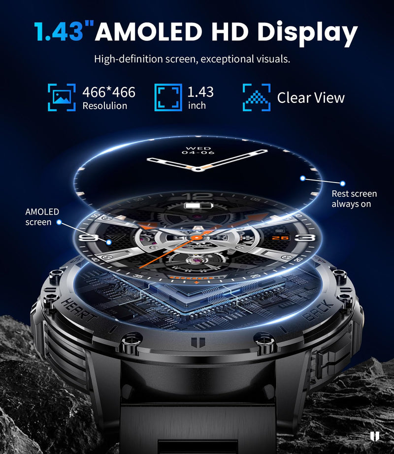 LIGE Military Smart Watch for Men with LED Flashlight, Bluetooth Call, 1.43" AMOLED Screen, 5ATM Waterproof Fitness Tracker, 530mAh Large Battery, 170+ Sport Modes, Compatible iOS Android, 3 Straps Black