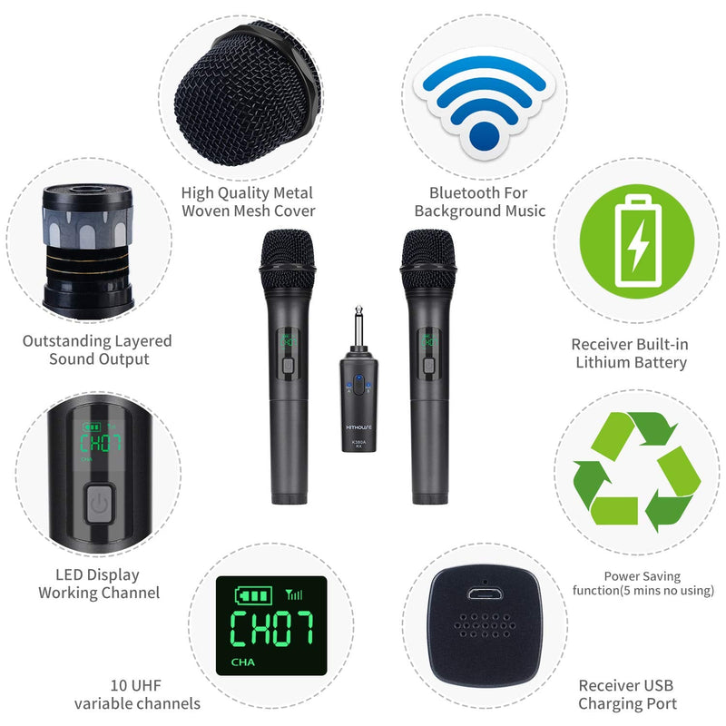 K380A Wireless Microphones - Dual UHF Handheld Cordless Mics with Rechargeable Bluetooth Receiver - Karaoke/Speech/Church (Elegant Black)