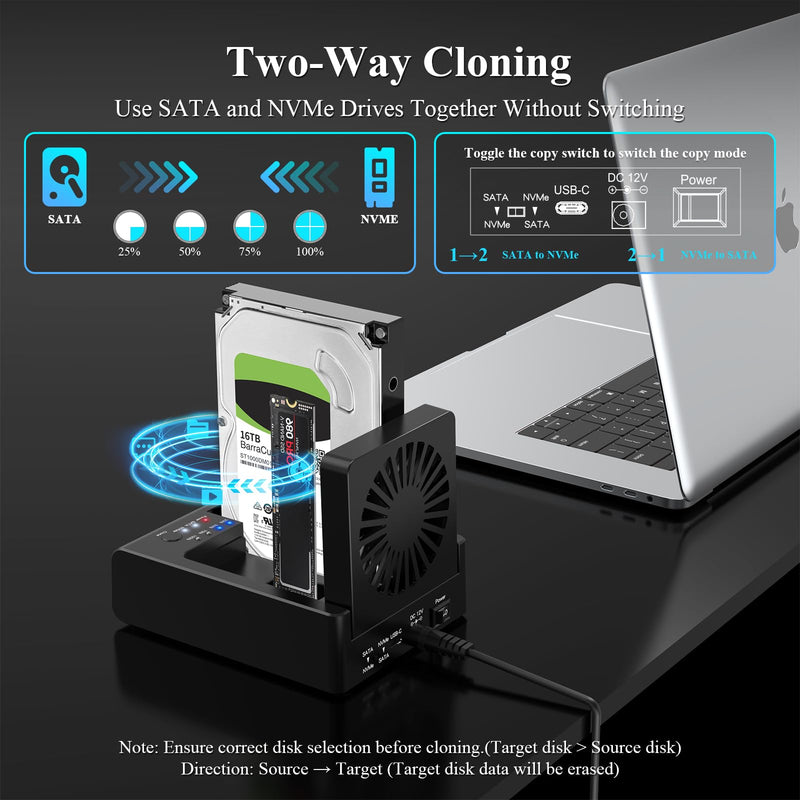 SSD Enclosure with M.2 NVMe & SATA HDD Docking Station,10Gbps USB3.2 Gen2 SSD Cloner for M.2 NVMe SSD + SATA 2.5”/3.5” HDD Converter, Offline Cloning