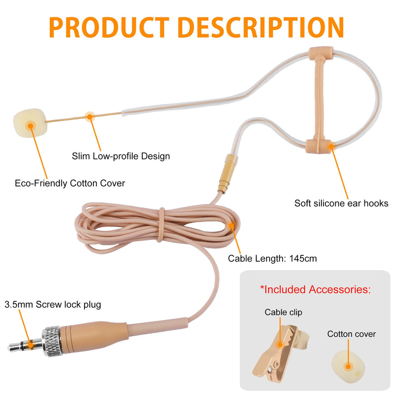 Concealed Single Earhook Headset Microphone Compatible with Sennheiser Wireless Bodypack Transmitter, Omnidirectional Condenser Mic with Windscreen, Ideal for Lectures, Singing 3.5mm Lock Plug