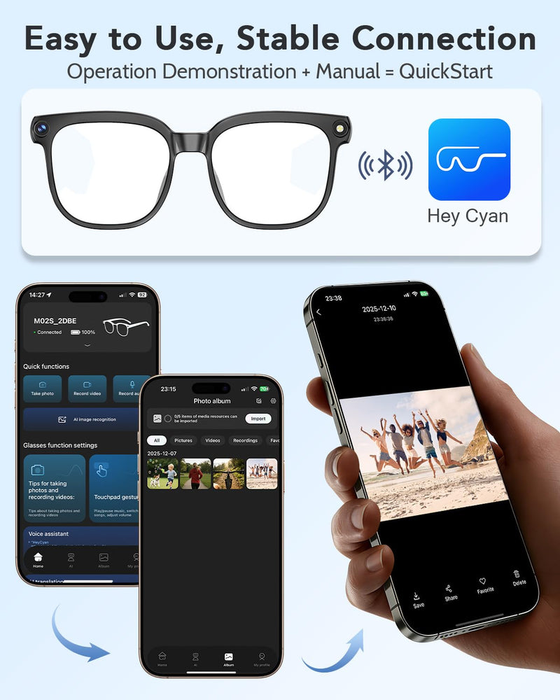 CJkao Smart Glasses with Camera, Bluetooth Music & Call, 800W HD Camera Glasses, 1080P Video Recording, Built-in ChatGPT Voice Assistant Control for Men Women(White)