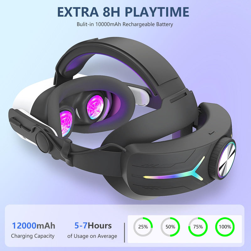 RGB Light Head Strap with 12000mAh Battery for Meta Quest 3/3s_Black | 18W Quick Charge for Extended 4-6 Playtime Comfortable Fit – Elite Replacement Strap with Balanced Weight Black-1