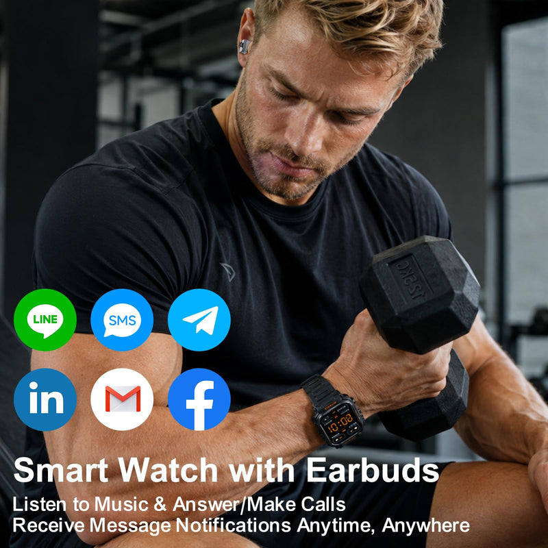Smart Watch with Earbuds for Men, 2.01" HD Screen Military Watch, Answer/Make Calls, Sports Fitness Trackers with Heart Rate, Blood Oxygen, Sleep Monitor, Perfect for Men Dad Husband Black