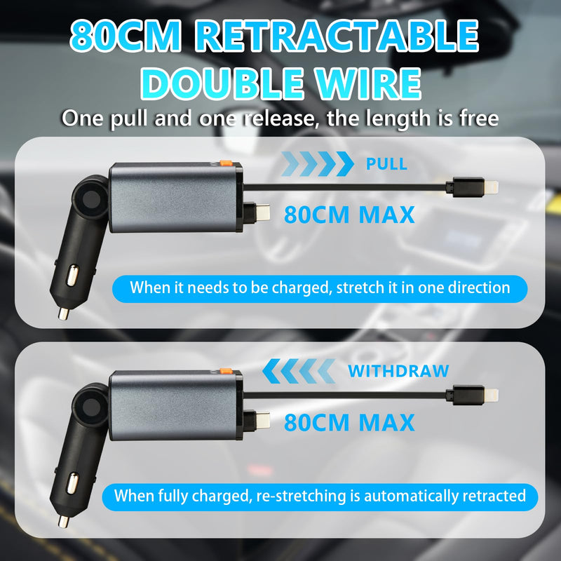 [AUSTRALIA] - Retractable Car Charger,5 in 1 Fast Cars Phone Charger 60w,Bluetooth 5.3 FM Transmitter Adapter,Handsfree Call,MP3 Player,2 Retractable Cables and USB Chargers, for Phone,Galaxy,Pixel (Black) Black 