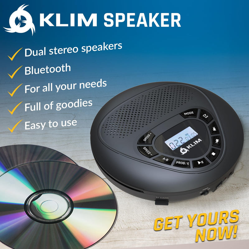 KLIM Speaker + Bluetooth CD Player with Speakers + NEW 2024 + Discman + Rechargeable Battery + Portable CD Player with Headphones + CD Player Portable + SD Card + AUX + Ideal for Car, Home With Bluetooth