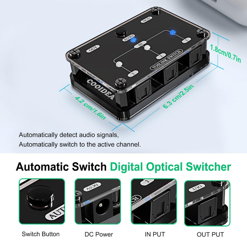 Toslink Automatic Switch Digital Optical Switcher 3 in 1 Out with Remote Control Supports 192k/24Bit PCM2.0 DTS Dolby-AC3 Compatible with HDTV/Xbox/Blu-Ray Player/PS