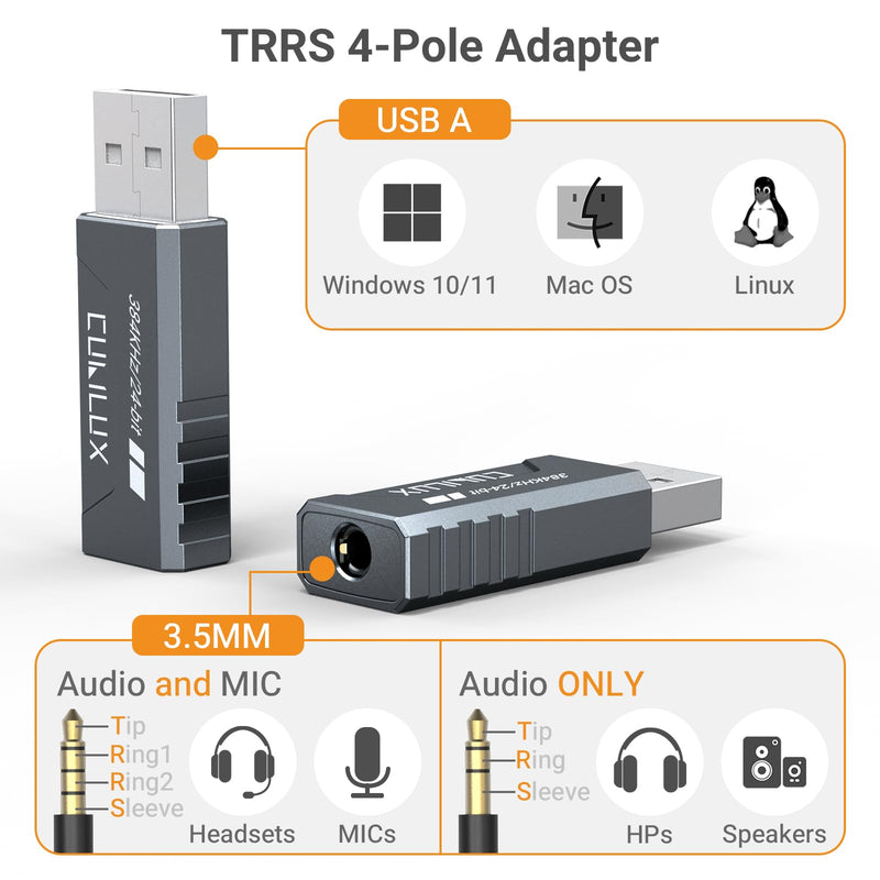 Cubilux USB to 3.5mm Audio Adapter, Hi-Res 384KHz/32-bit USB A DAC Dongle, UAC 2.0 External Sound Card for PC Laptop MacBook, Windows 11/10, macOS, Linux