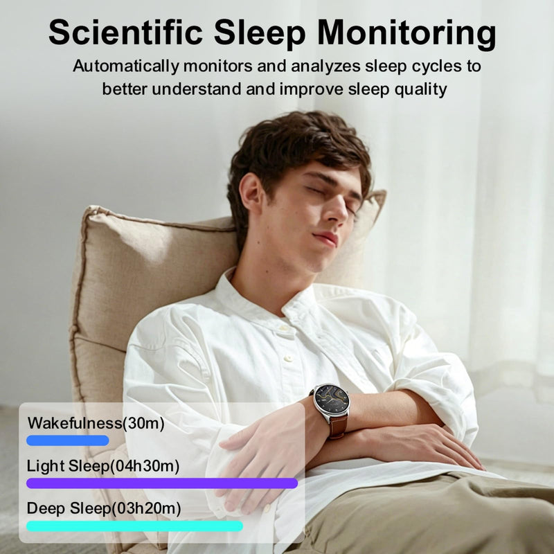 Smart Watches for Men, 1.43" AMOLED HD Screen 6.8mm Ultra Thin Men's Wrist Watches, Answer/Make Call for Android iPhone, Monitor Heart Rate Blood Oxygen Sleep Mens Leather Watch (Brown)