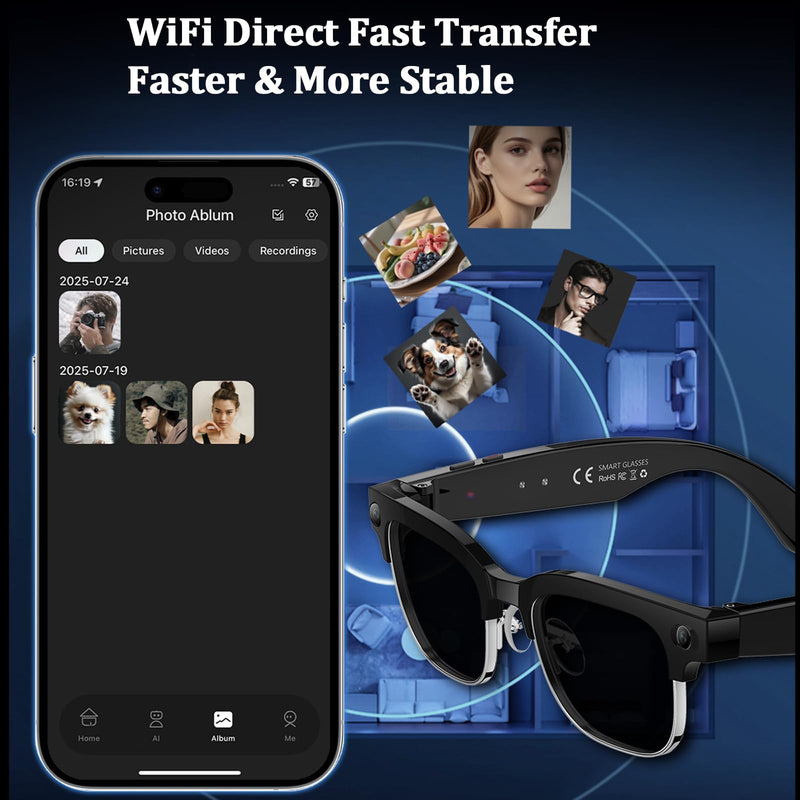 AI Smart Glasses with Camera, 8MP Anti-Shake Bluetooth Camera Glasses,1080P Video Recording Dual Mic Noise Reduction, Real Time Translation&Simultaneous Interpretation, 290mAh Capacity(W630)