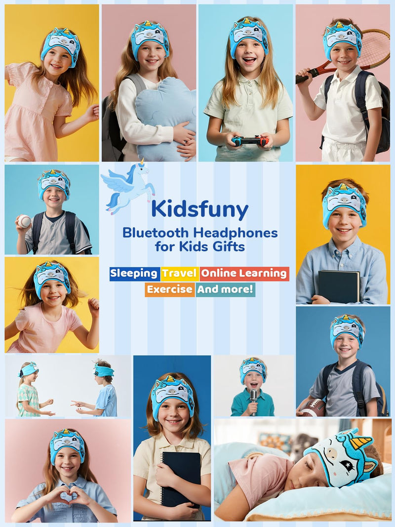 Kids Sleep Headphones Bluetooth Headband, Wireless & Wired Headband Headphones with Ultra-Thin Stereo Speakers for Toddlers Sleeping Airplane Travel BrightBlue