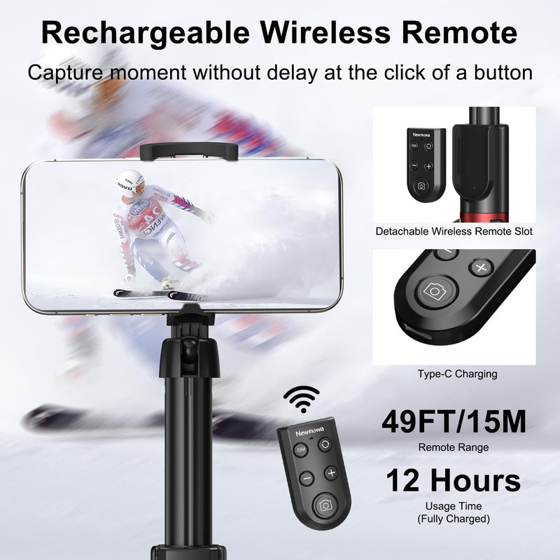 Newmowa Phone Remote Selfie Stick, Extendable Tripod with Rechargeable Detachable Remote for iPhone Video Photo Shooting/Zooming/Lens Switching, Compatible with iPhone 11 and Above(iOS 15 Above)