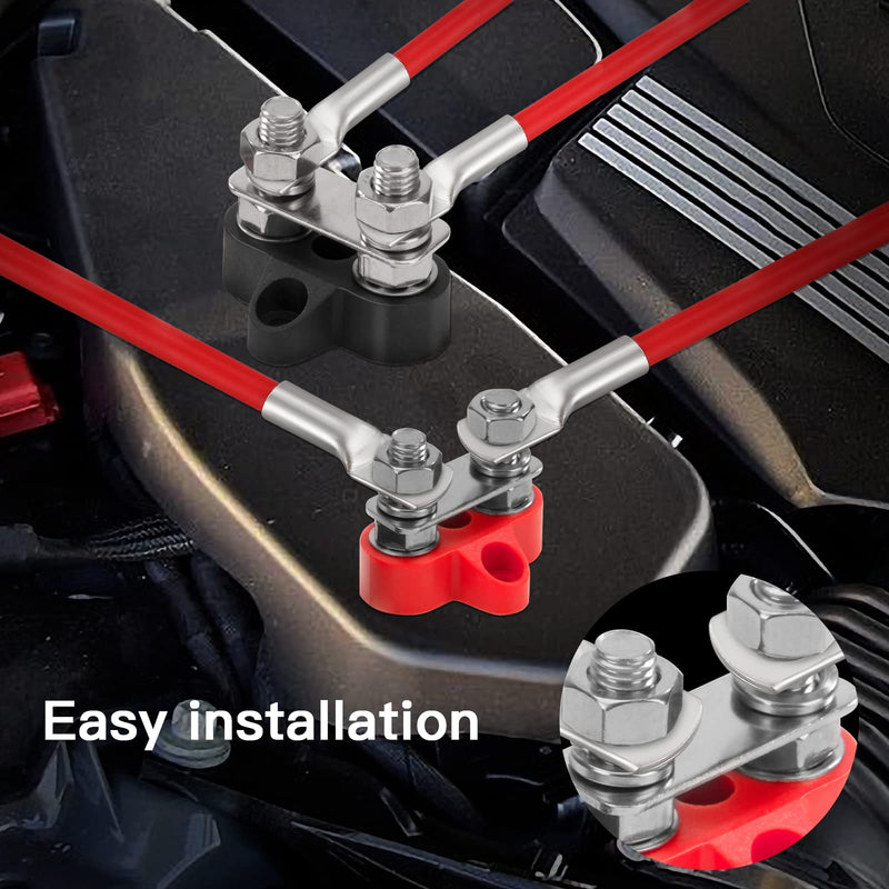 QIMEI-SHOP Dual Connection Bolts M6 Battery Terminal Blocks 12V-48V Battery Power Distribution Clamp Block Busbar for Car Truck RV Boat Black and Red Pack of 2 Dual M6