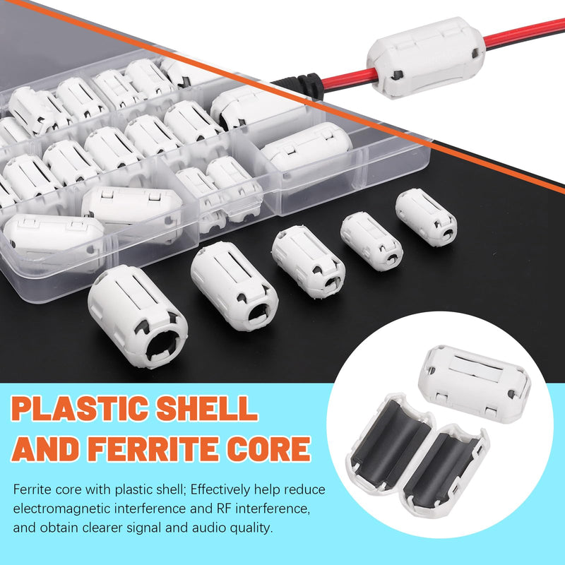 [AUSTRALIA] - Tanstic 28Pcs White Clip-on Ferrite Ring Core RFI EMI Noise Suppressor Cable Clip for 3.5mm 5mm 7mm 9mm 13mm Diameter Cable 