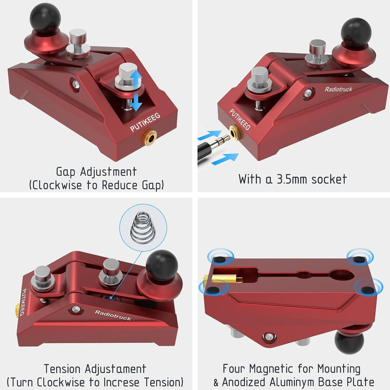 CW Telegraphy Key Auto Morse - Radio HAM Send Telegram Key Lambic Single Paddle Transmission Morse Code Key with Aluminum Alloy Body Base (Red) Red