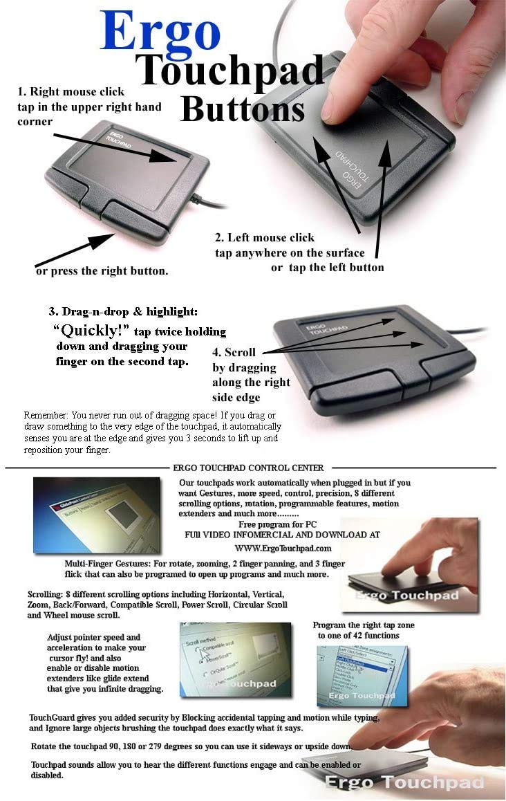 Ergo Touchpad Buttons ETP001BTP Low Profile - Plug-n-Play, just Plug it in for Basic Mouse Functions and Glide Extend for Unlimited Drag-n-Drop.