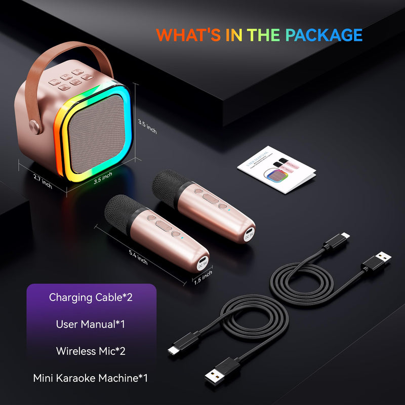 Karaoke Machine for Kids Adults, Portable Bluetooth Mini Karaoke Microphone Singing Speaker with 2 Wireless Mic and Light,Toys for All Smartphones,Birthday, Family,Home Party (Rose Gold) rose gold